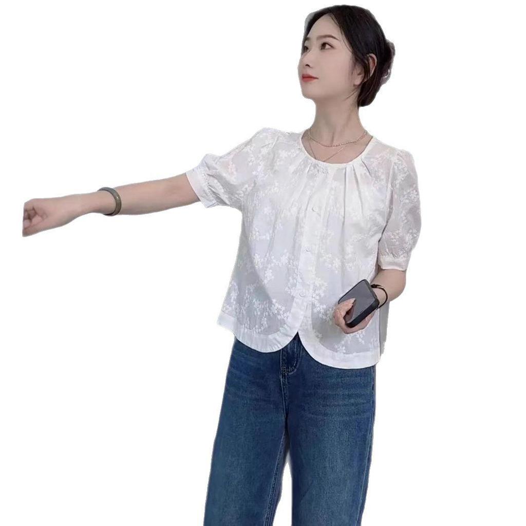 Women's Short-Sleeve French Top: 2024 Korean Style Embroidered Summer Blouse