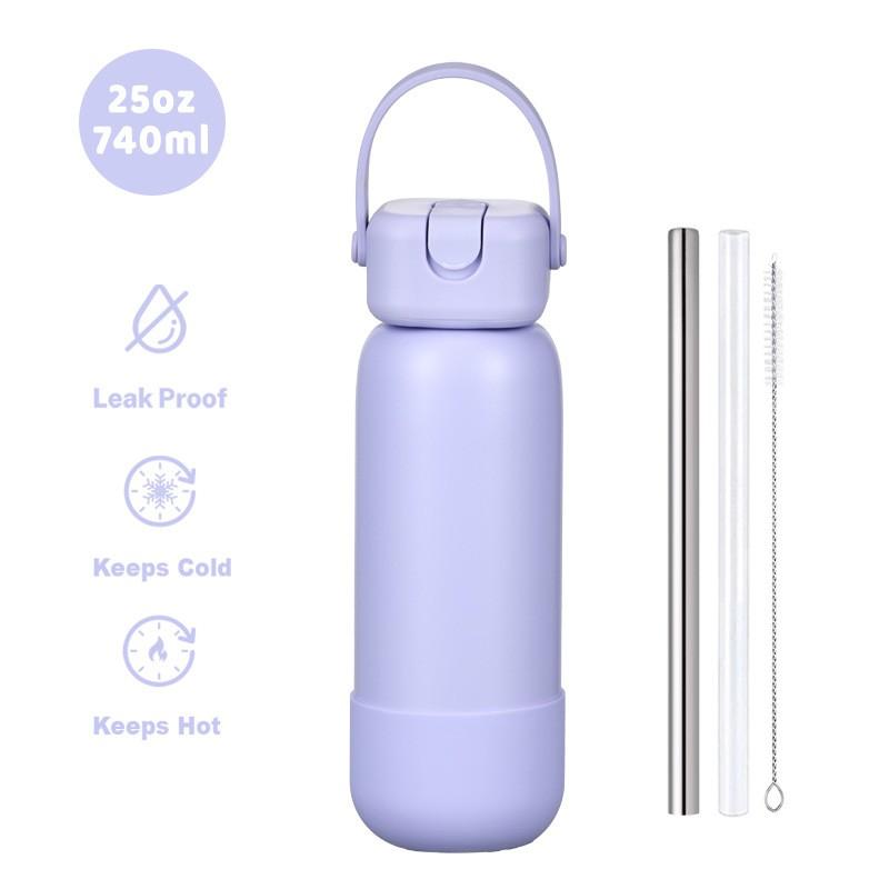 740ml Stainless Steel Vacuum Insulated Water Bottle With Carry Strap Leakproof Sport Cup Outdoor Hiking Gym Office Travel