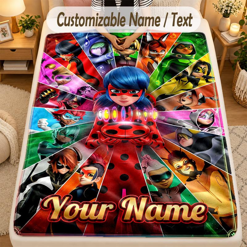 Flannel BlanketMiraculous Ladybug Custom Name Text Personalized Soft Warm Throw Blanket Home Decor Gift