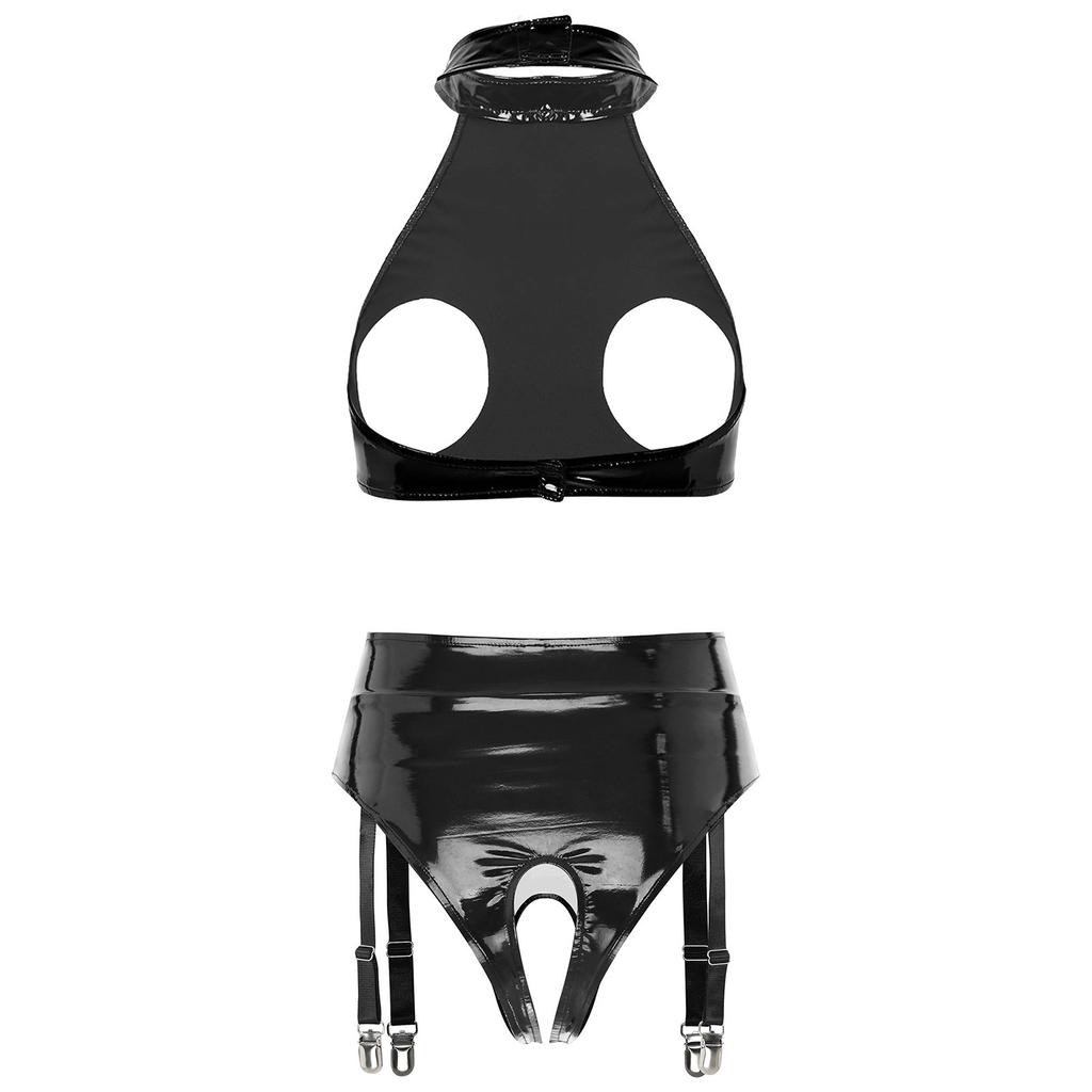 Womens Patent Leather Halter Open Bust Backless Crop Top Garter Underwear Set