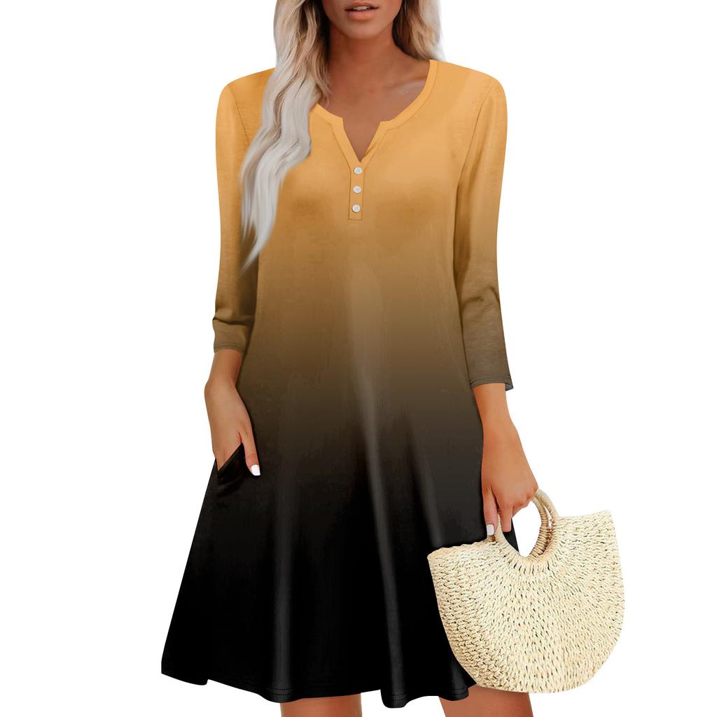 Women's Summer Casual V-neck Gradient Printed Button Up Dress with Pockets