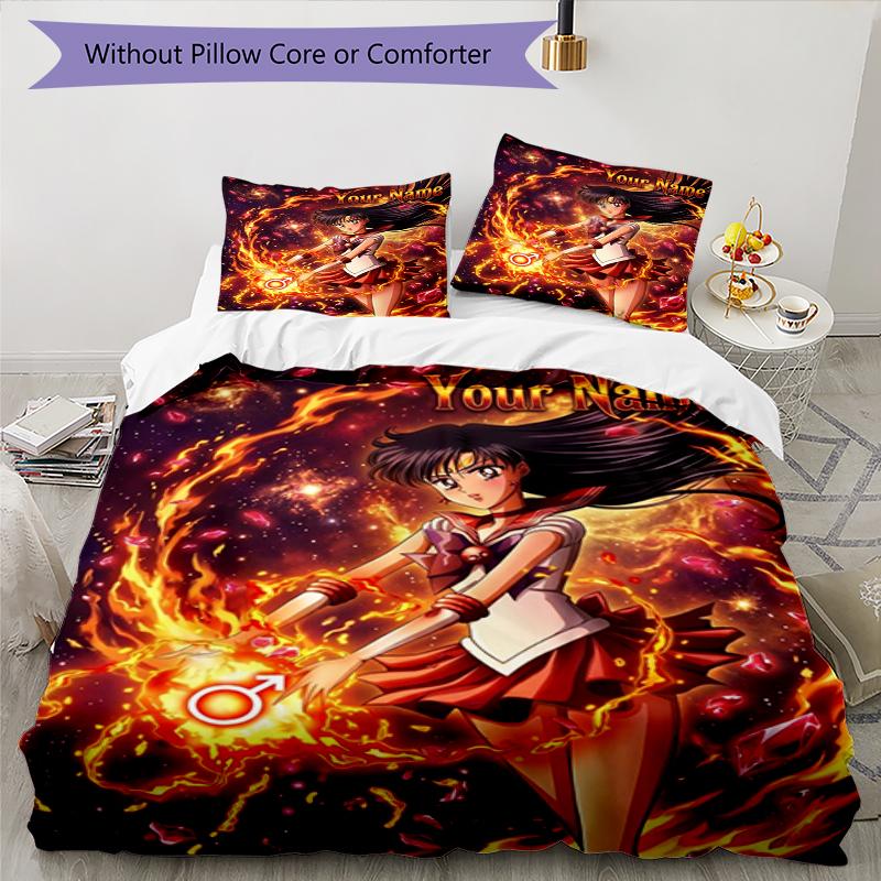 3pcs Custom Name Super Sailor Moon Printed Bedding Set Duvet Cover Closure Includes 1 Duvet Cover & 2 Pillowcases, Soft and Comfortable for All Season