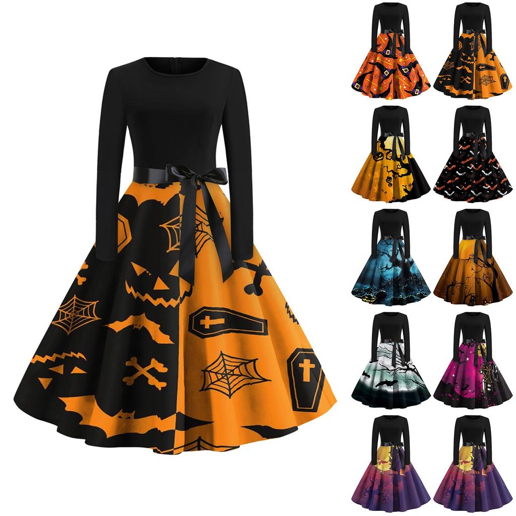 Halloween Print Flare Dress For Women Long Sleeve Dress Hollow Party Casual Dresses