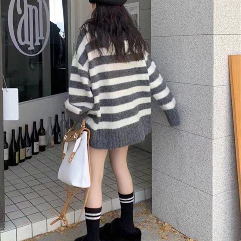 Полосатый контрастный цвет свитер женский осень и зима новый корейский вариант ретро свободный ленивый вязаный свитер с капюшоном для ношения на улице женский