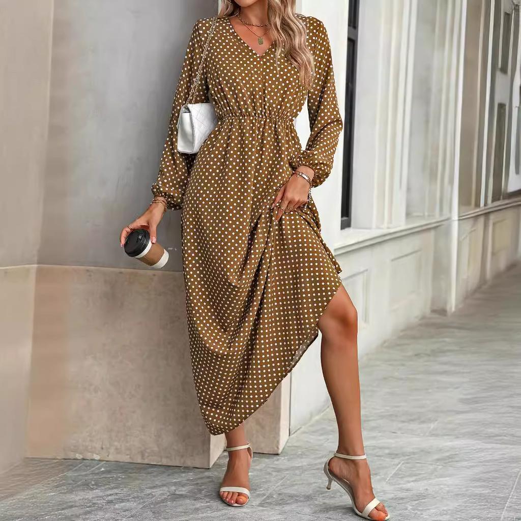 GMXIA Women's Fashion Spring Autumn Solid Color Print V-Neck High Waist Casual Dresses