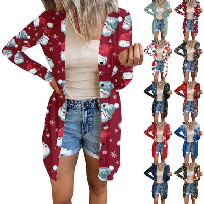 Длинный рукав Женский ретро принтованный топ Легкий базовый свободный жакет Кардиган Повседневные рубашки Рождество