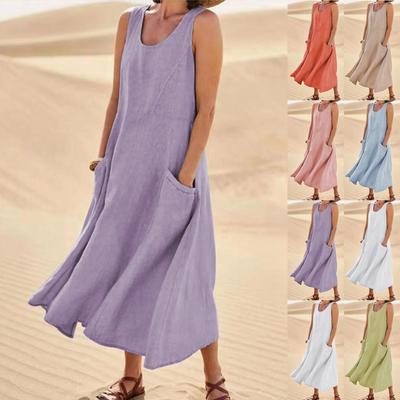Женское модное повседневное однотонное хлопковое льняное платье без рукавов с карманами