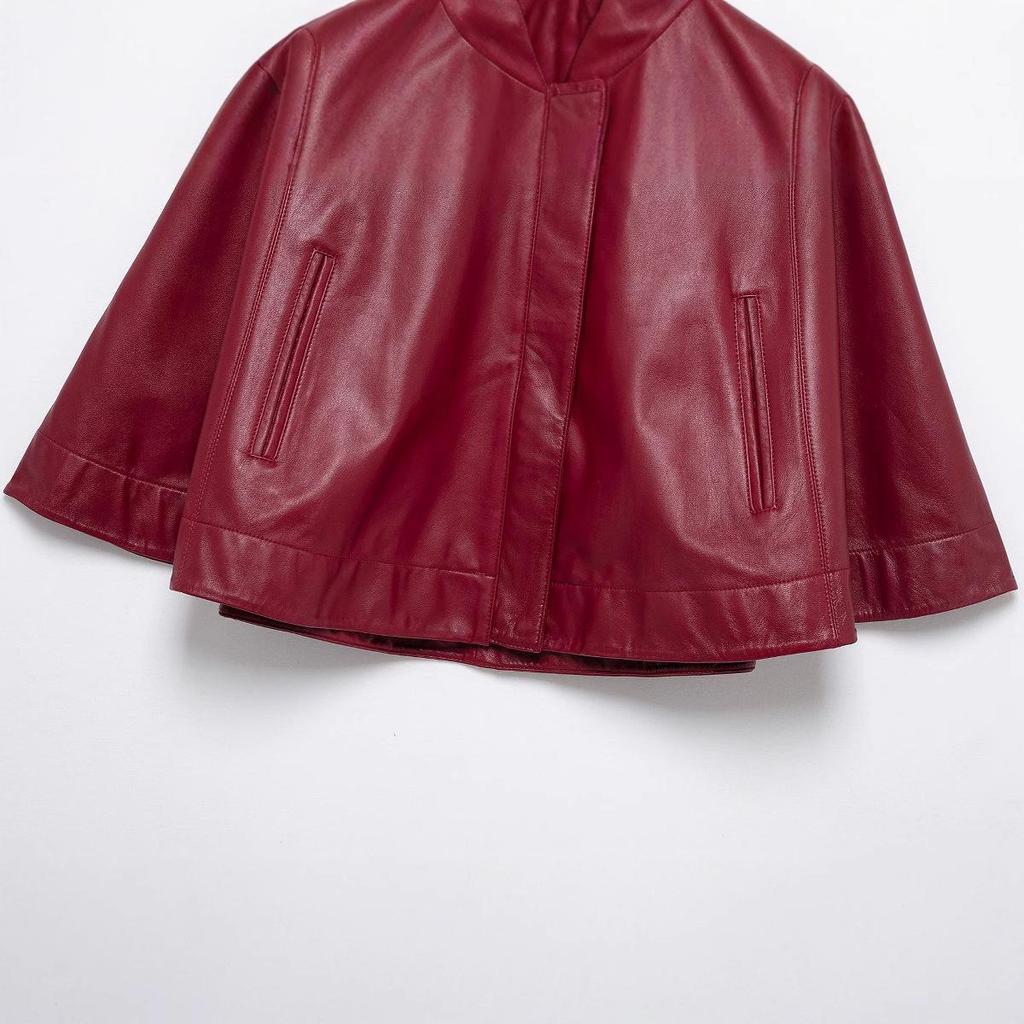 Женская мода весна 2025: Европейский и американский стиль Кожаный короткий плащ на молнии