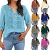 Women's Casual O-Neck Button Down Shirt Color 3/4 Sleeve Hem Split Cotton Blouse