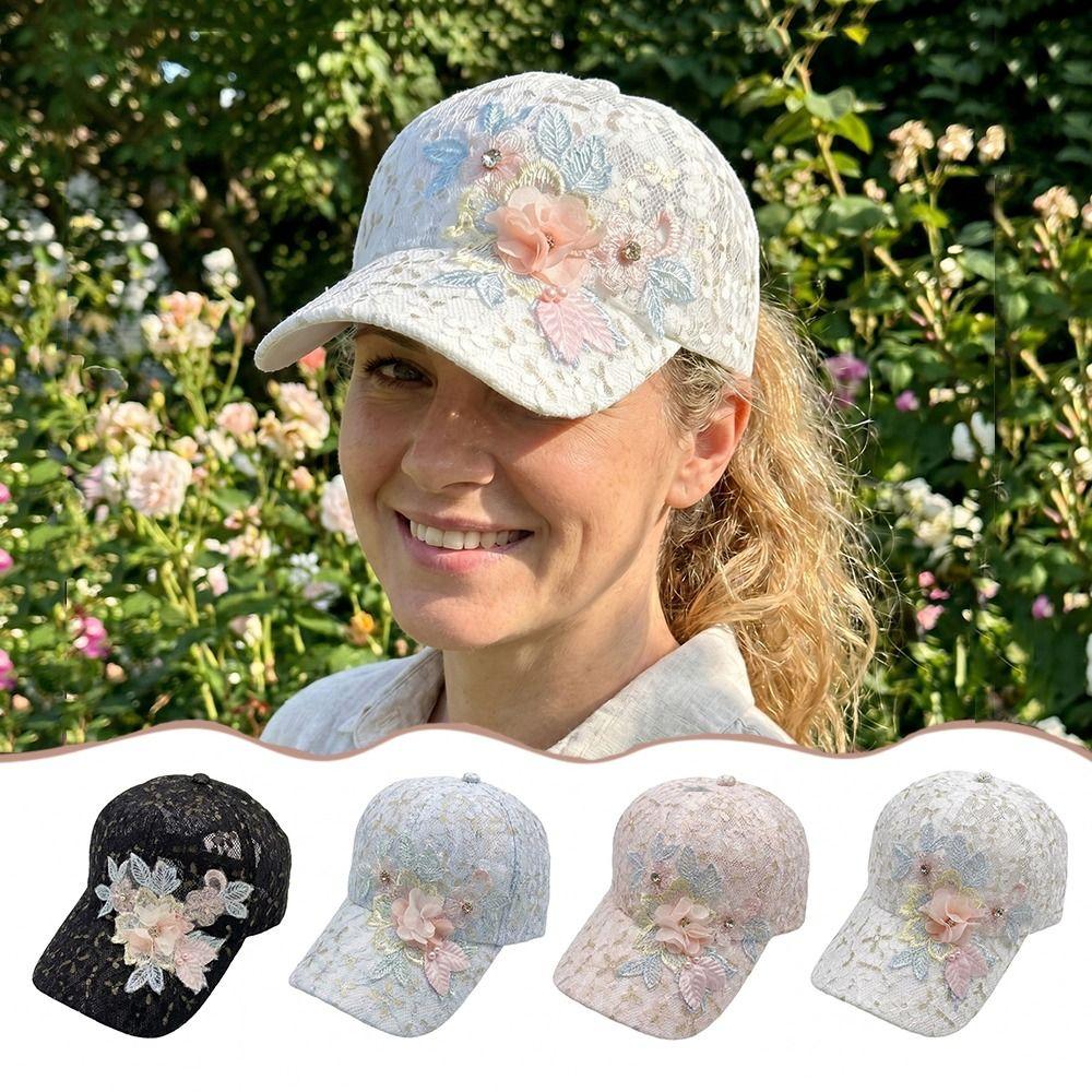 Mesh Breathable Duck Tongue Hat Embroidered Flowers Rebound Cap Sunshade Hat  For Women  Girls