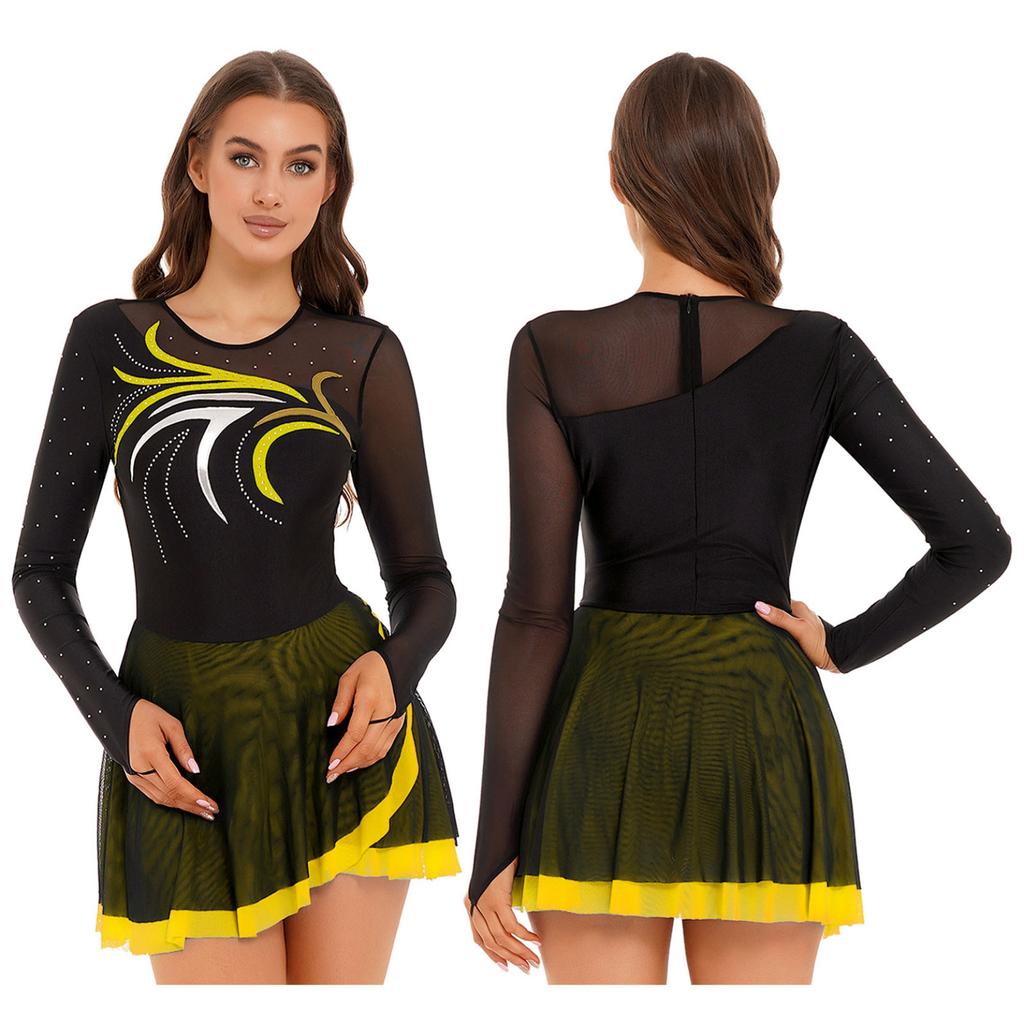 Женское платье для фигурного катания, костюм для лирического танца, с длинными рукавами, блестящее сетчатое платье-пачка со стразами, балетное платье-пачка для гимнастики