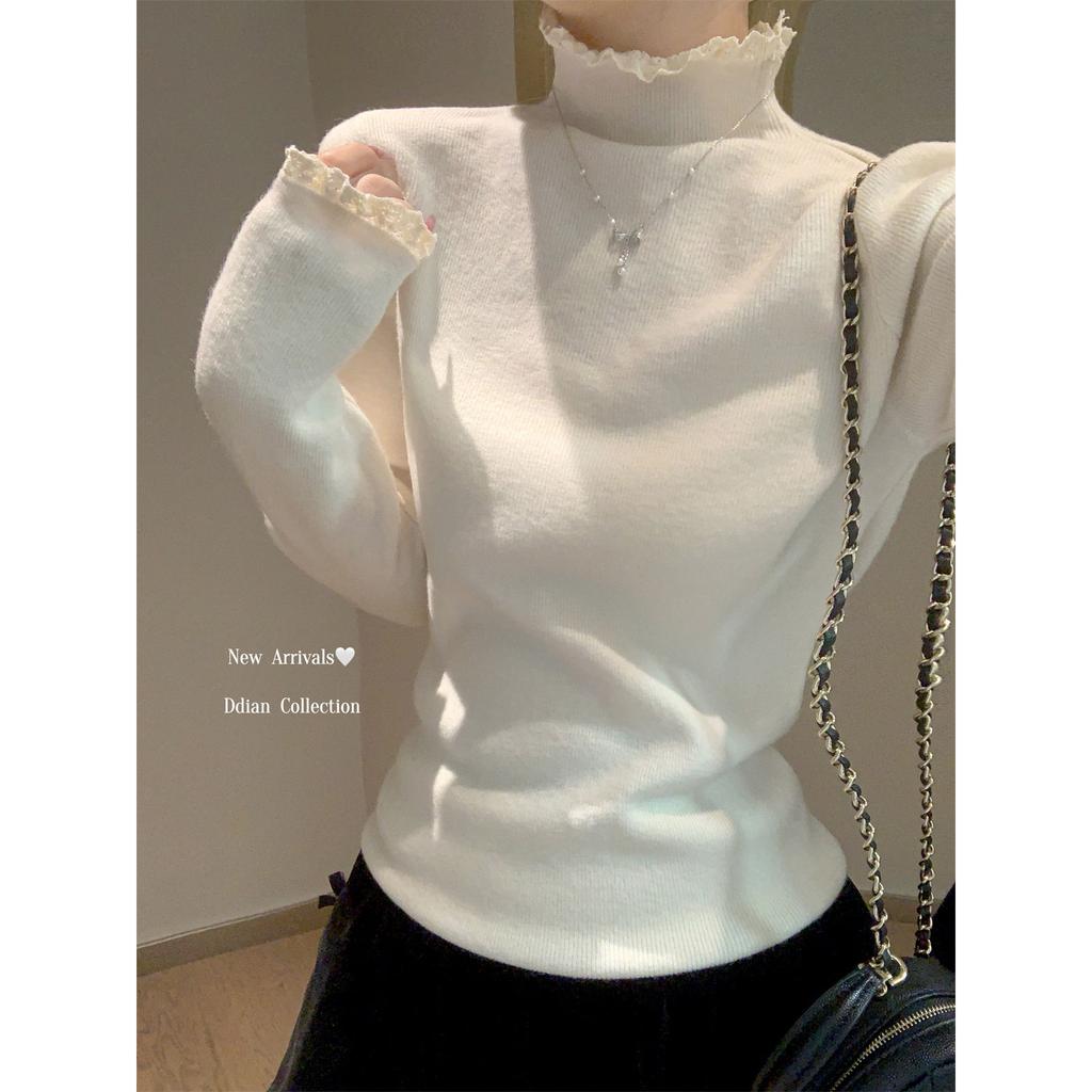 Девичий розовый трикотажный свитер с полувысоким воротом женский осенне-зимний кружевной внутри многослойный топ с длинными рукавами базовая рубашка