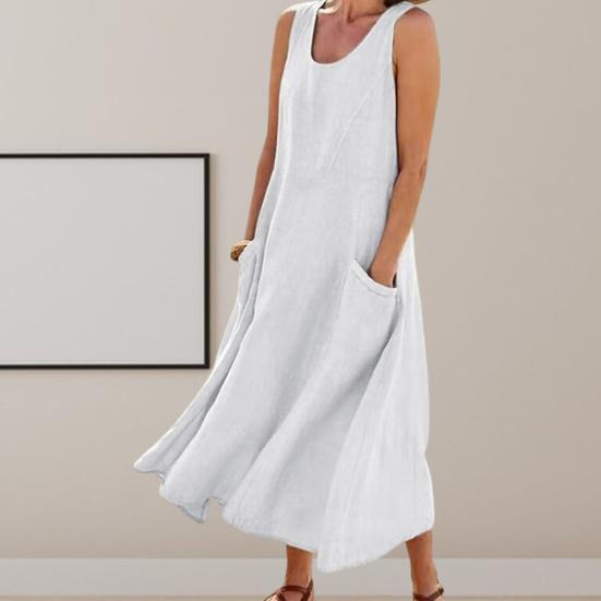 Women Summer Dresss O Neck A-line Loose Hem Sleeveless Pockets Soft Breathable Casual Mid-calf Length Sundress Daily Midi Dress
