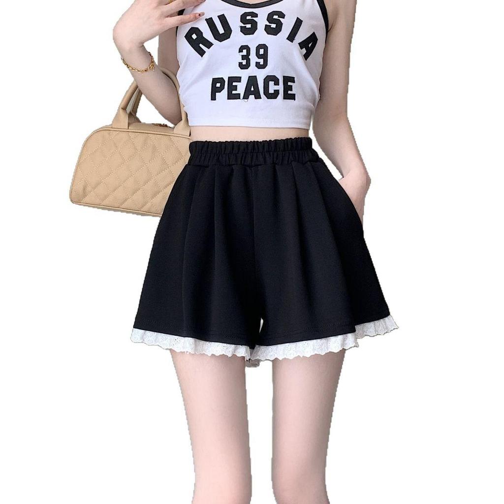 Женские модные корейские шорты с высокой талией и кружевной отделкой