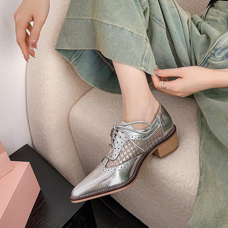 2024 Новые весенние оксфорды из сетчатой ткани, женская обувь, женские туфли-броги, дерби, острый нос, туфли на шнуровке, женская обувь для женщин