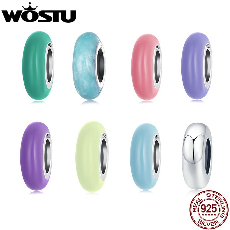 WOSTU Real 925 Sterling Silver Candy Colored Spacer Beads Rainbow Charm For Women Fit Original Bracelet DIY Necklace Summer Gift