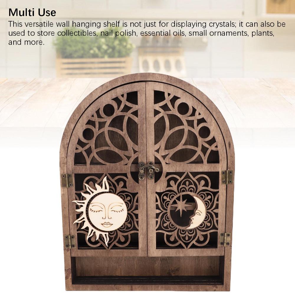 Wall Hanging Wall Crystal Display Shelf Sun and Moon Design Wooden Wall Shelf Crystal Holder