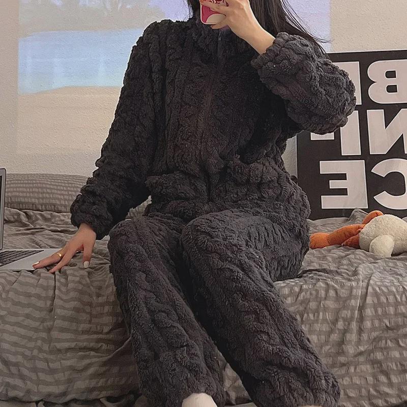 Женский фланелевый пижамный комплект на молнии — высокий воротник, плотный теплый флисовый костюм кораллового цвета для осени и зимы.