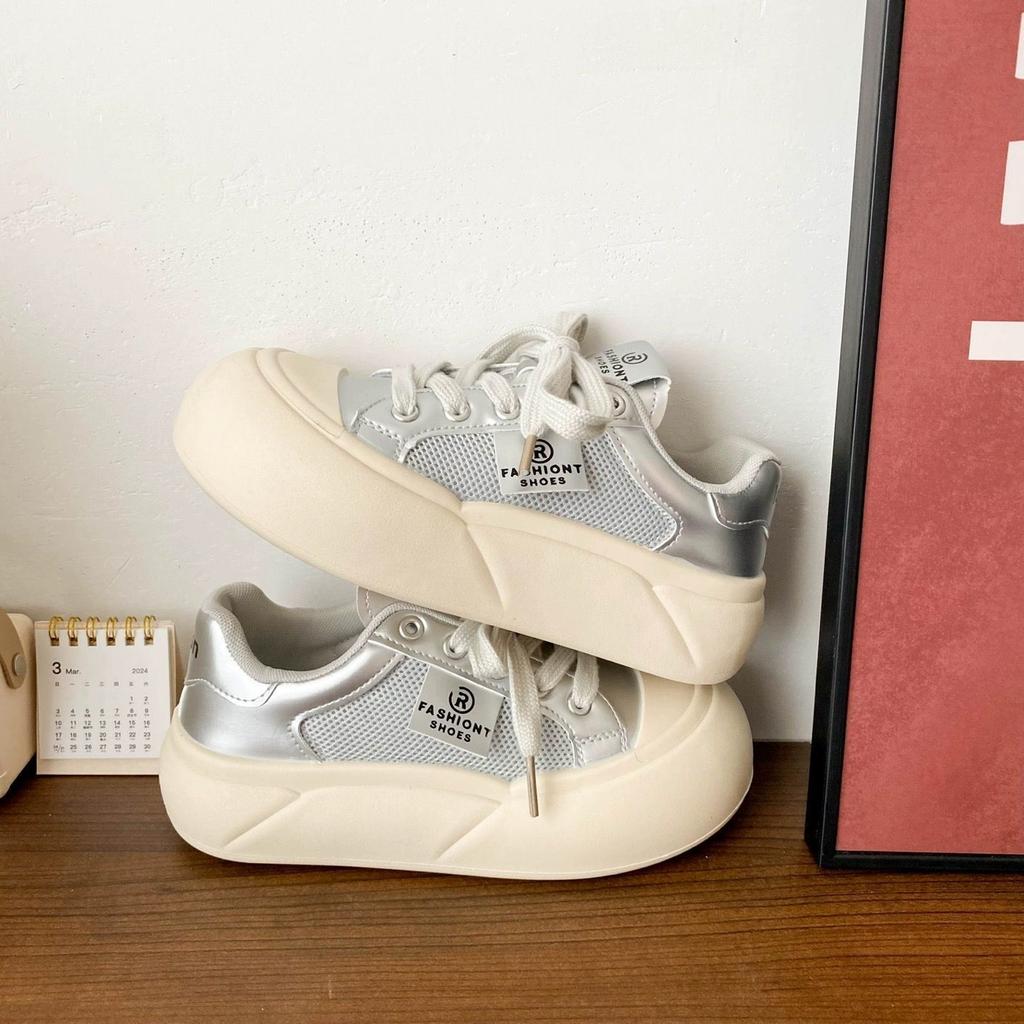 Cream Through Net Thick-soled Little White Shoes Female Ugly Cute Summer New Big Head Board Shoes Round Head Bread Shoes
