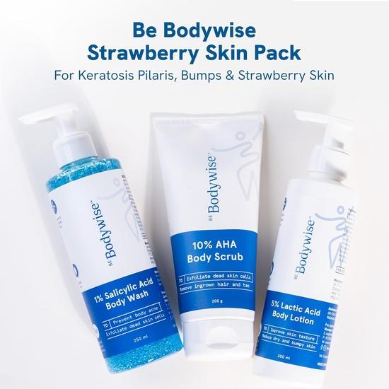 Be Bodywise Strawberry Skin Pack | With 1% SA Body Wash, 5% Lactic Acid Body Lotion & 10% AHA Scrub | Exfoliates | 650ml