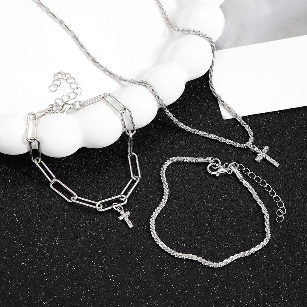 Сверкающий серебряный браслет-крест, ожерелье, комплект для женщин, модные двухслойные браслеты со звездным небом, свадебные украшения