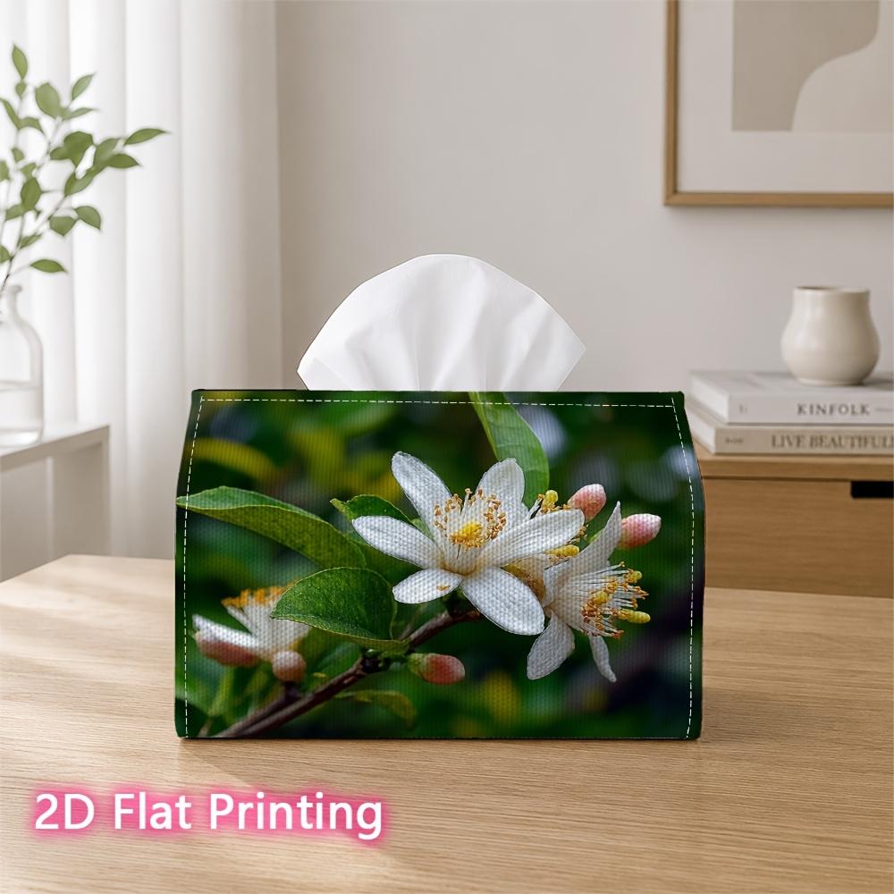1pc 2D Flat Printed 17.78X10.92X12.95 cm Tissue Box White Jasmine Blossom on Leafy Branch Suitable for Home, Office, Vehicle, And Party Settings CC608