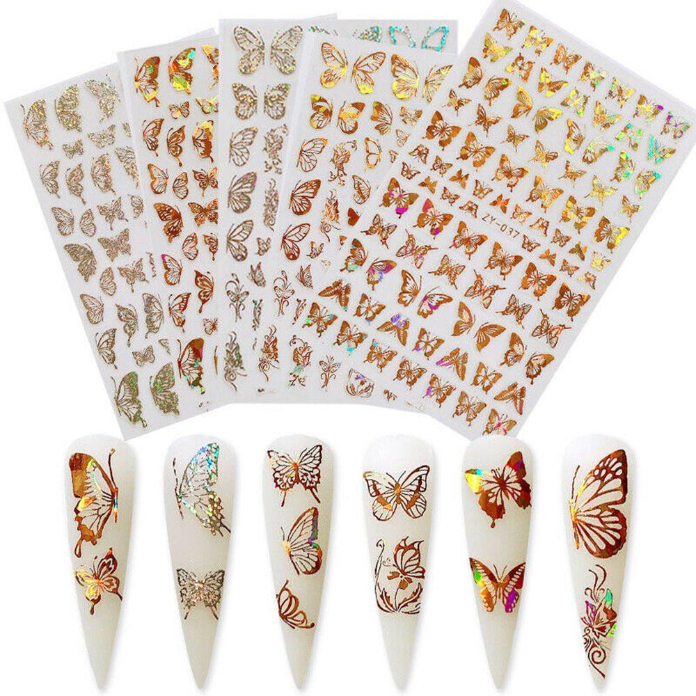 Hot Nail Decals Gold Silver DIY Nail Stickers 3D Butterfly Adhesive Holographic