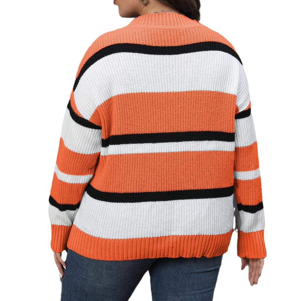 Women's Plus Size Pullover Fall New V Neck Color Patchwork Fashion Sweater