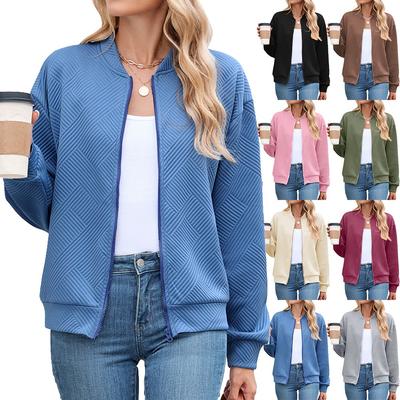 Женская куртка с длинным рукавом Осень/Зима Однотонная Круглый вырез Молния Свободный крой Толстовка с длинным рукавом Женская бейсбольная куртка