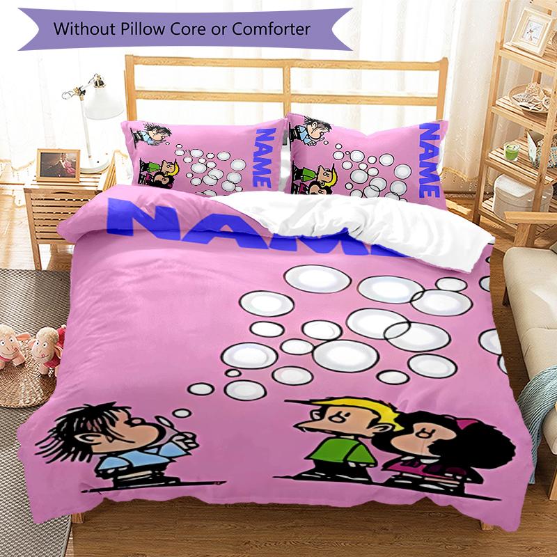 3pcs Custom Name Cartoon Mafalda Bedding Set Duvet Cover Closure Includes 1 Duvet Cover & 2 Pillowcases for All Seasons Bedroom Decor