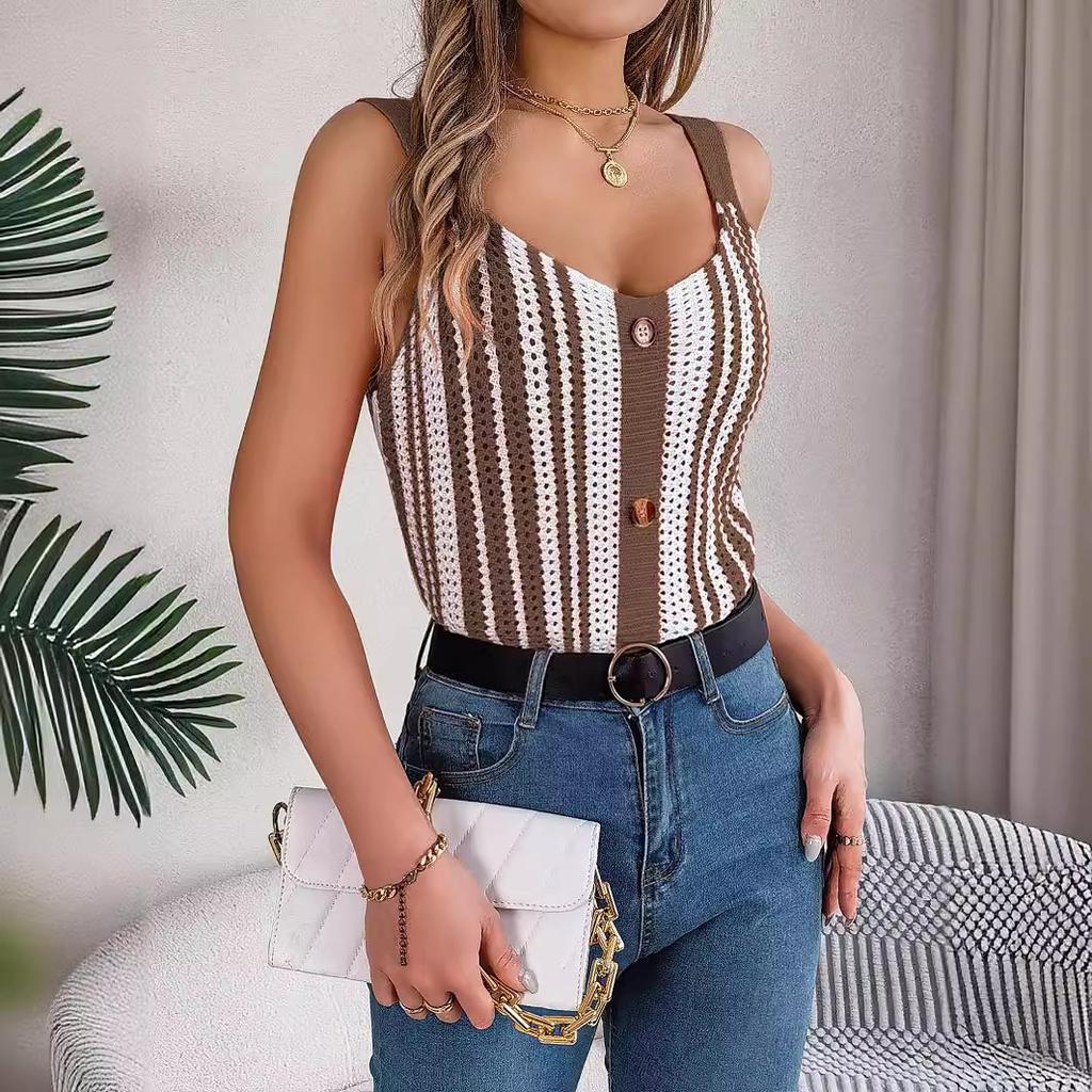 QICED Spring Summer V-neck Button Contrasting Color Cut-out Knitted Sweater Vacation Halter Top Women's Wear