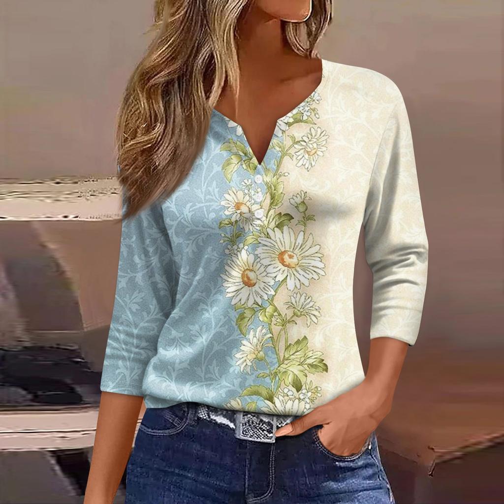 Women's T Shirt Tee Print Button 3/4 Sleeve Daily Weekend Fashion Basic V Neck Regular Top