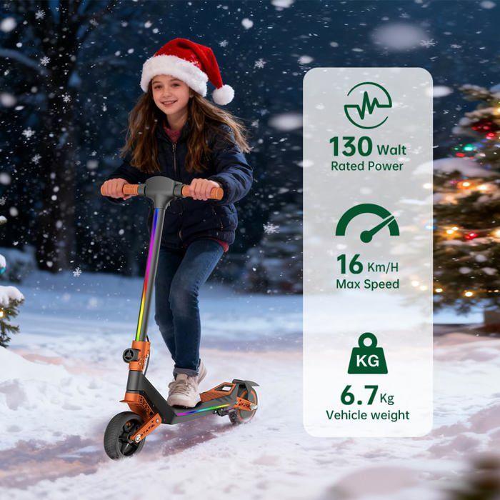 Trottinette Électrique Pliable Tout-Terrain pour Enfants 8-16 Ans,Double Suspension Confort,130W,16 km/h,10 km d'Autonomie Orange