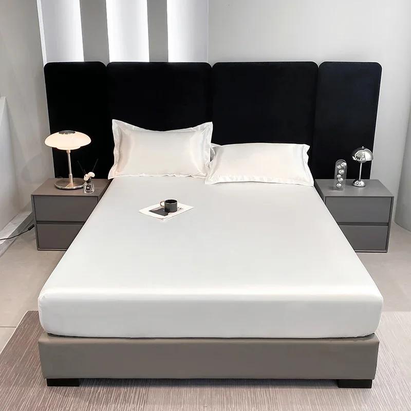 Silky Satin Waterproof Fitted Sheet Breathable Elastic Mattress Cover Solid Smooth Bed Sheet