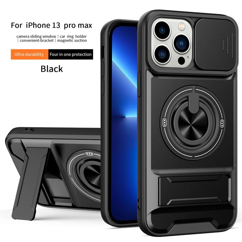 Для iPhone 12 13 14 15 16 Pro Max 15 Plus 16E Чехол для телефона с крышкой-слайдером для объектива, автомобильным магнитным кольцом и двойным кронштейном