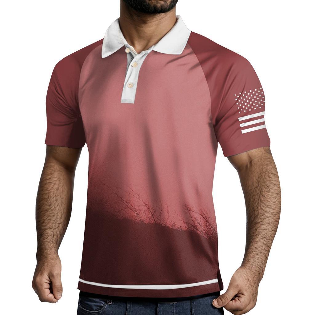 Men's Three Button Printed Lapel Short Sleeve Shirt Top