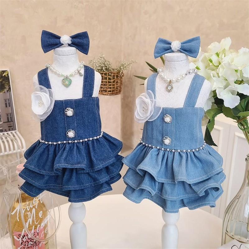 Pet Dog Denim Dress Cotton Blend Princess Style Sleeveless Jumpsuit Female Dogs XS To XL