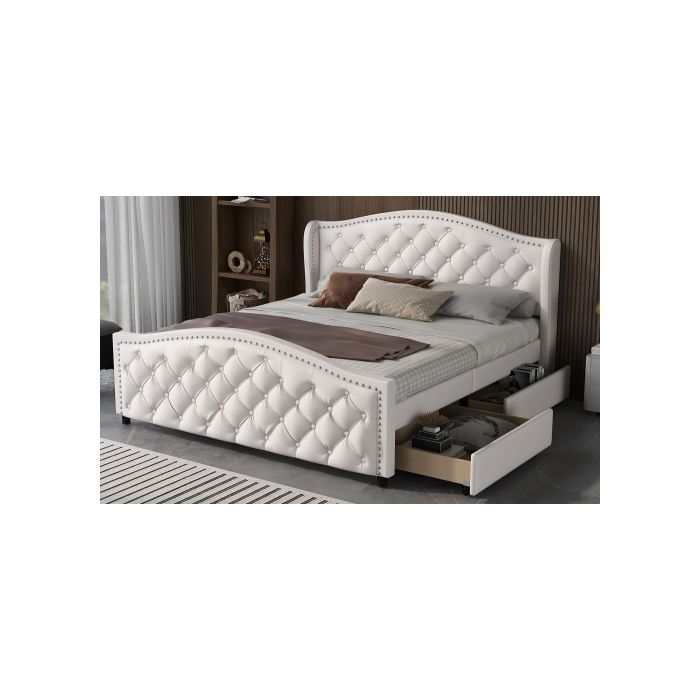 Lit capitonné - MUVOE - 160 x 200 cm - Bois massif - 2 tiroirs - Tête de lit haute