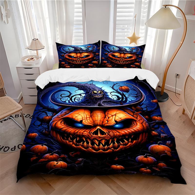 3pcs Pumpkin Head Halloween Bedding Set, Includes Without Pillow Inserts, Soft Comfortable Bedding Set,All-Season Use a0924094