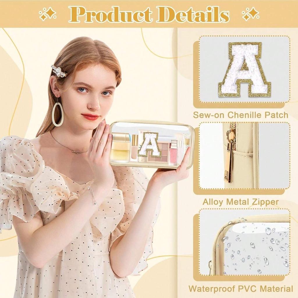Маленькая прозрачная персонализированная косметичка с первой буквой, нашивка из шенилла A-Z, преппи нейлоновая косметичка на молнии, одобрено TSA