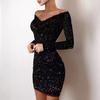 Women's Off-the-Shoulder Glitter Bodycon Dress, Lace Trim Long Sleeve Mesh Mini Dress, Sexy Club Party Evening Gown