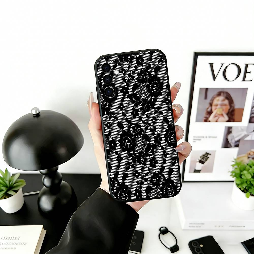 Черный кружевной принт Чехол для телефона Для Samsung Galaxy A73,A72,A71,A70,A53,A52,A51,Другие Мягкий черный чехол