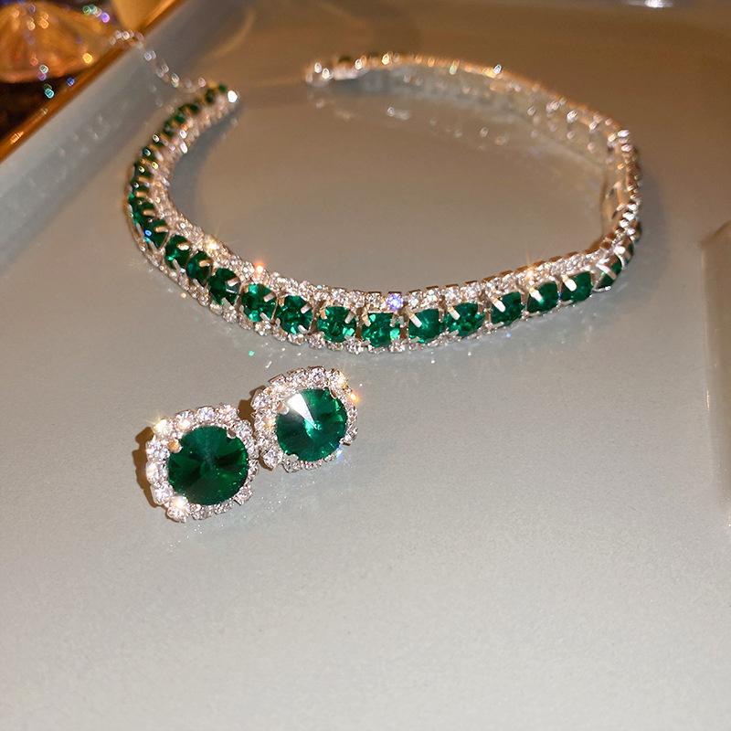 Luxury Necklace Earrings Sets Green Crystal Necklace Women Weddings Bride Zircon Accessories