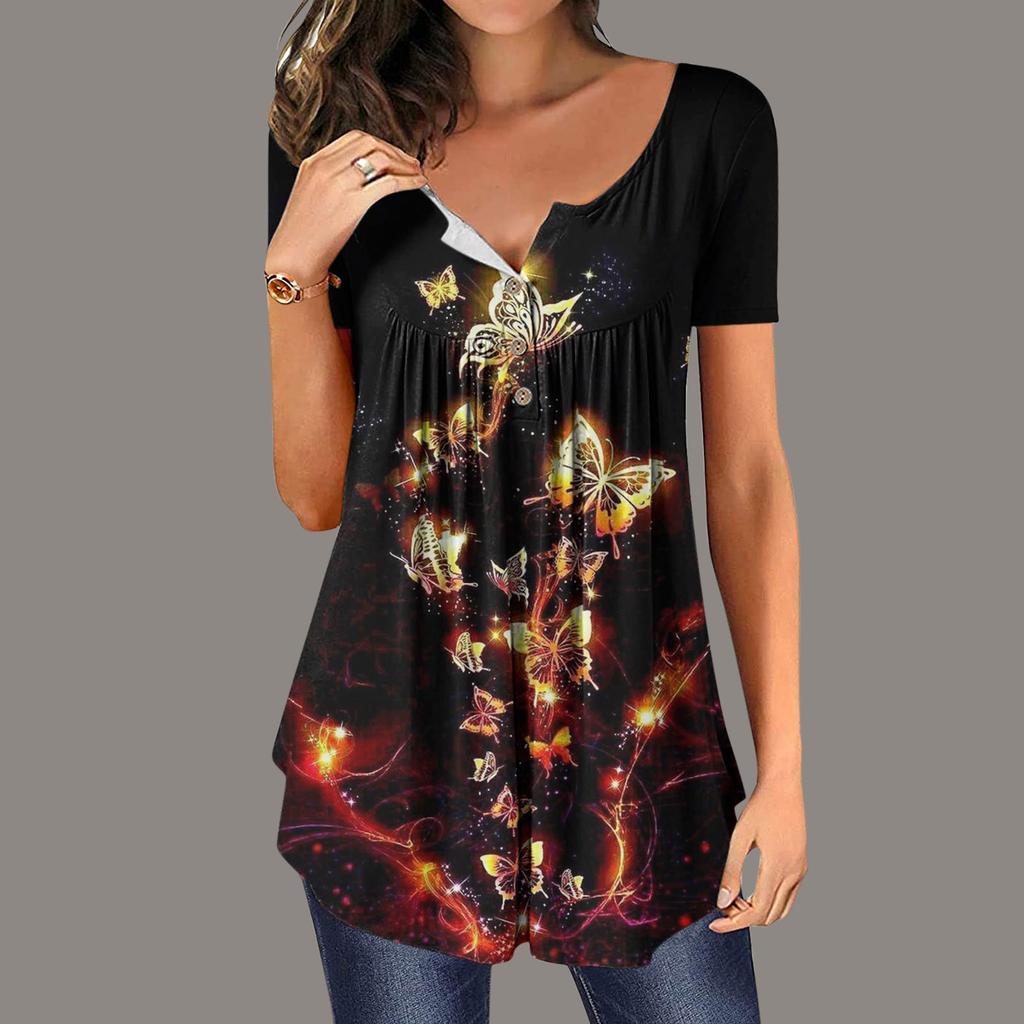 Женский летний топ с коротким рукавом и круглым вырезом, топ с цветочным принтом бабочки