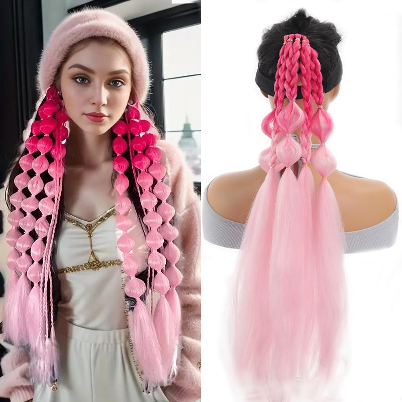A Ponytail Wig with Colored Bubble Braids and a Ponytail Synthetic Fiber That Is Heat-resistant for Women Easy To Wear for Parties and Gatherings