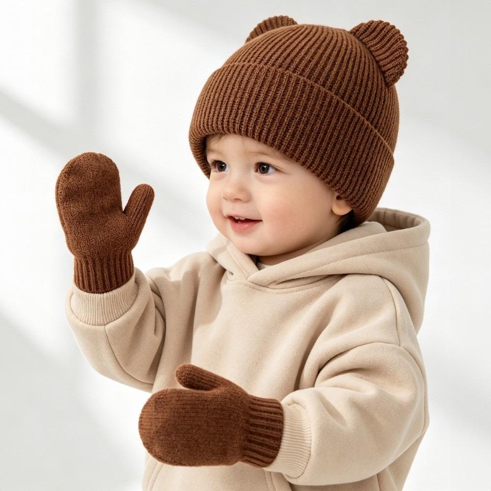 Warm Infant Beanie Cap Solid Color Kids Pullover Hats Cute Baby Hat Glove Set Kids