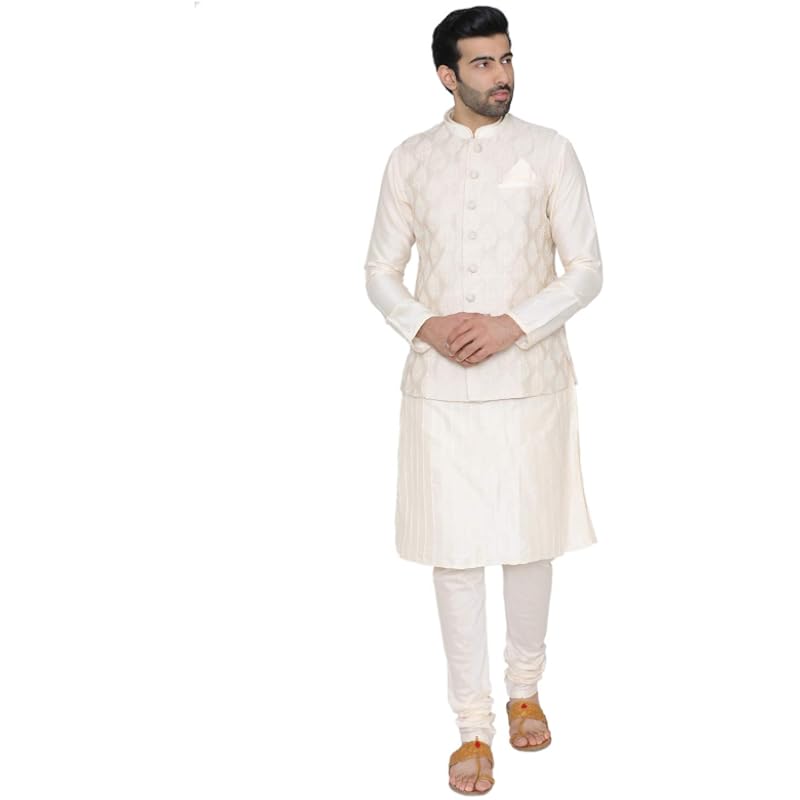 Мужской шелковый комплект Kurta Pyjama с жилетом от Manyavar (JAST072_Кремовый_Средний)