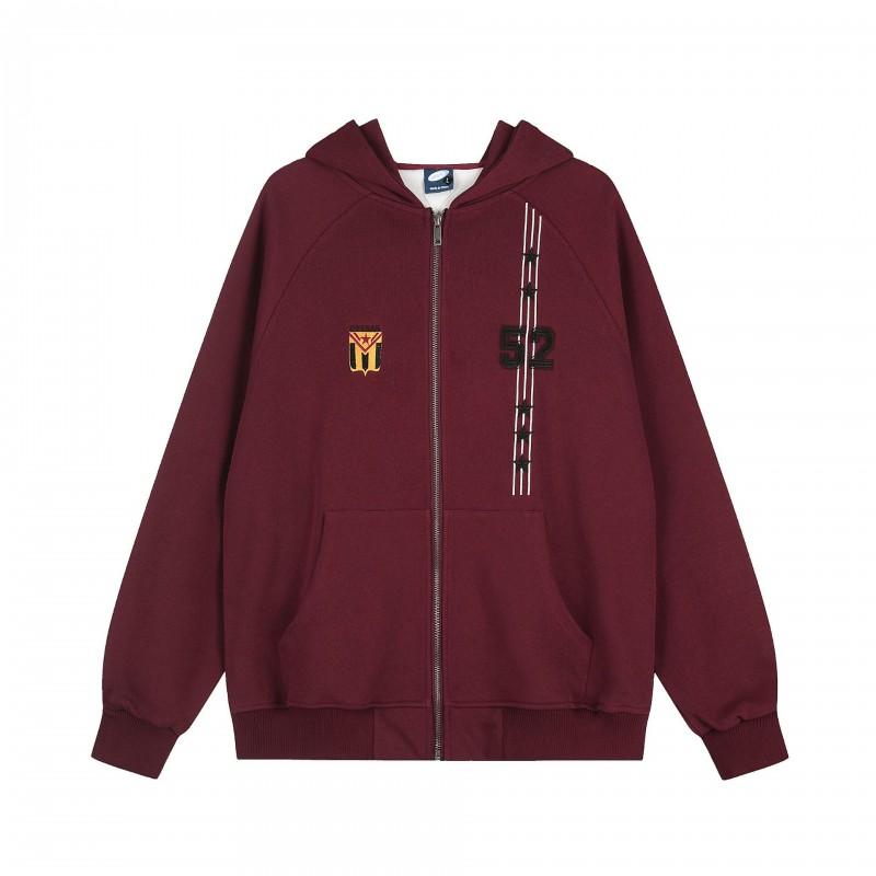 Unisex Retro American College Style Hooded Zip-Up Sweatshirt Loose Fit Cotton Long Sleeve Pullover Fall