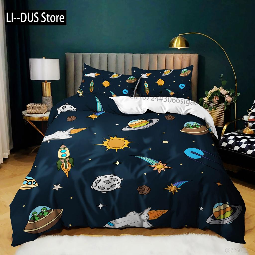 Пододеяльник с изображением космического корабля для мальчиков, детский комплект постельного белья с изображением астрономии, микрофибра, космические приключения, красочный космический корабль, королевский пододеяльник