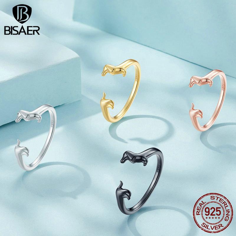 Bisaer Простое открывающееся кольцо из стерлингового серебра 925 пробы для таксы для женщин, милые модные кольца